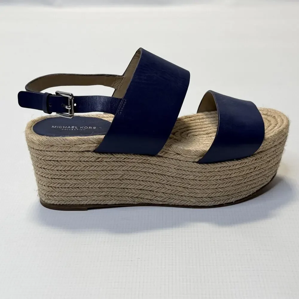 Michael Kors Collection Sandals Womens Size 8 Blue Leather Espadrille Wedge